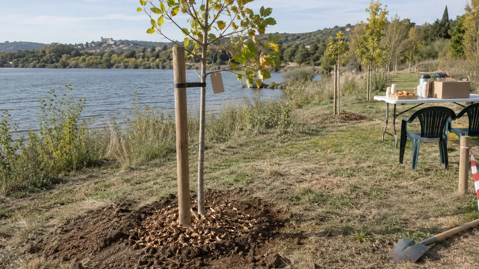 Jeune arbre tuteuré fraîchement planté sur la berge d'un plan d'eau, avec une table de goûter au fond