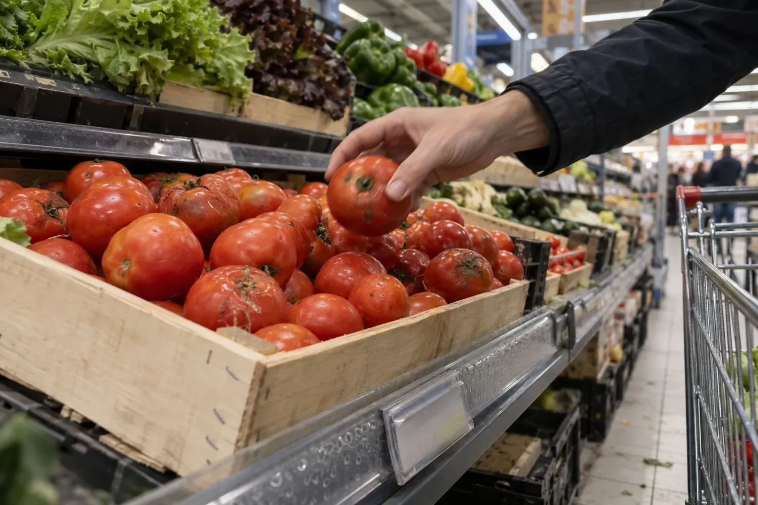 Cageot de tomates rondes sur présentoir réfrigéré, main d'adulte anonyme au rayon fruits et légumes