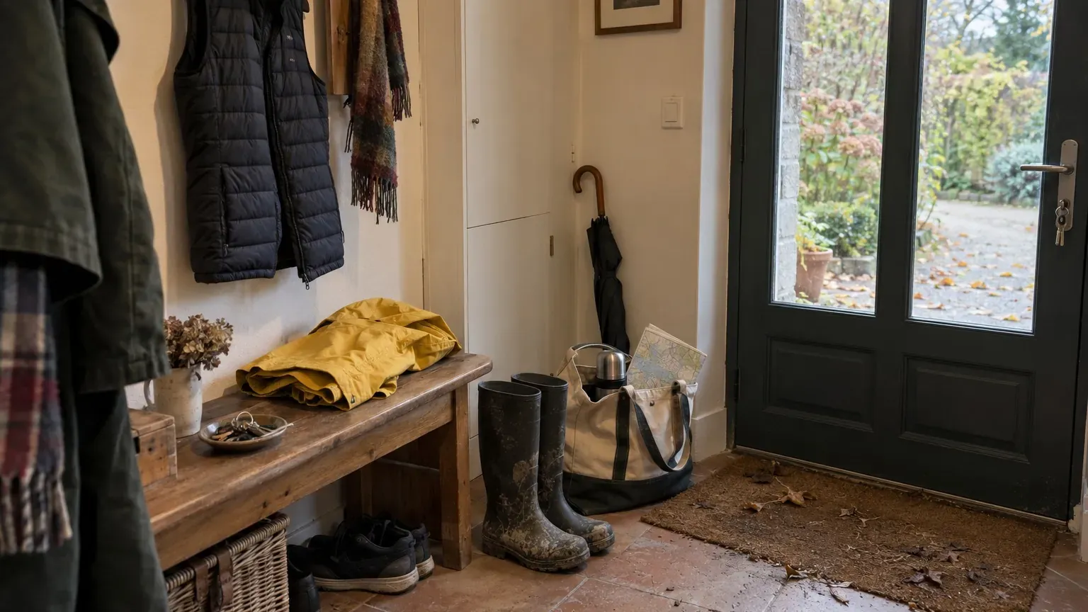 Ciré, parapluie fermé et sac de sortie posés dans l'entrée d'une maison avant les vacances de la Toussaint