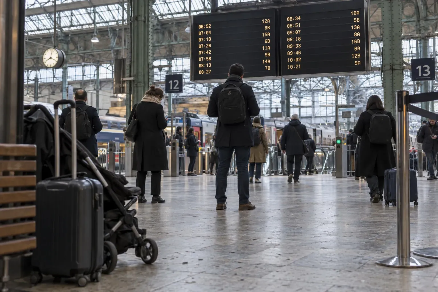 Panneau d'affichage des départs TGV dans un hall de gare française, valises anonymes au sol