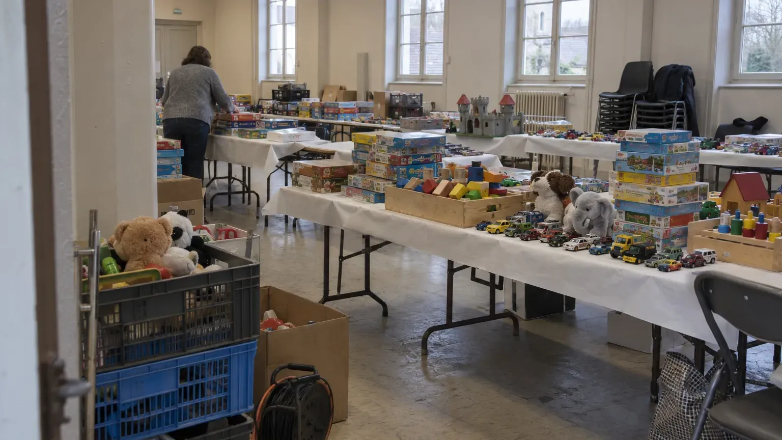 Tables de jouets d'occasion dans une salle des fêtes, bénévole de dos au fond, pendant le dépôt de la bourse