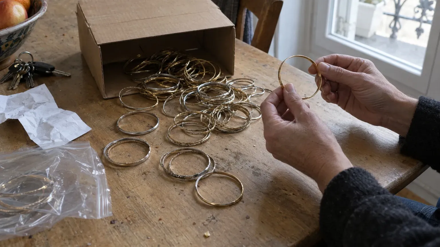 Bracelets fins en métal doré renversés d'une boîte en carton sur une table, main d'adulte en saisissant un
