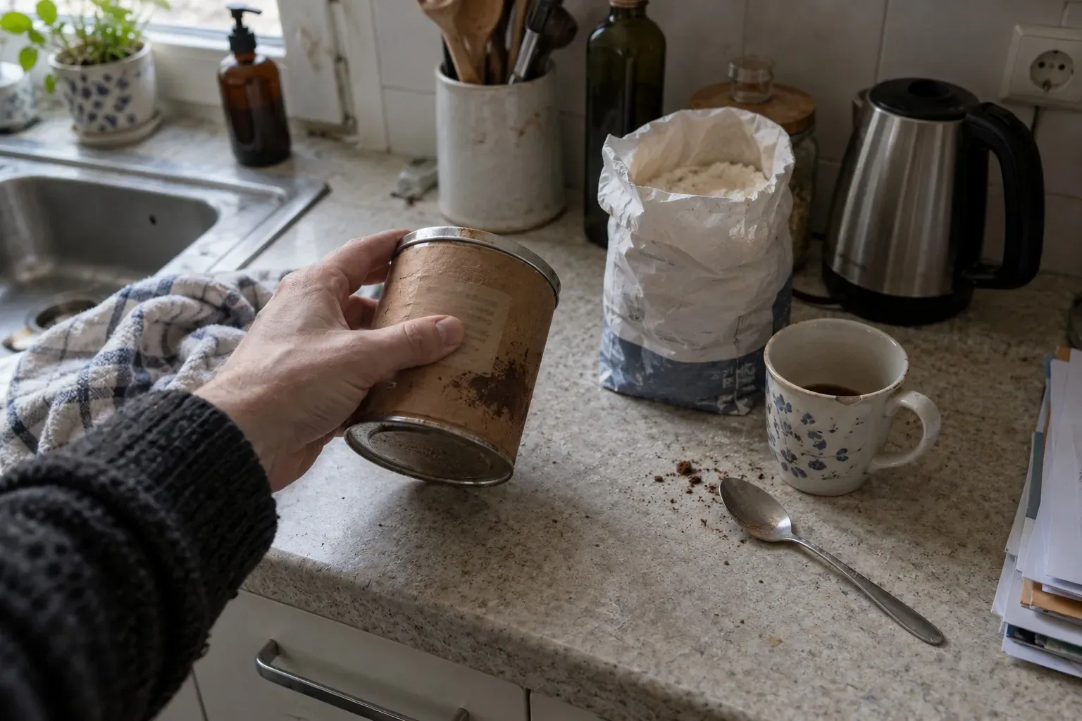 Main d'adulte posant une boîte de cacao en poudre sur un plan de travail de cuisine à côté d'un bol