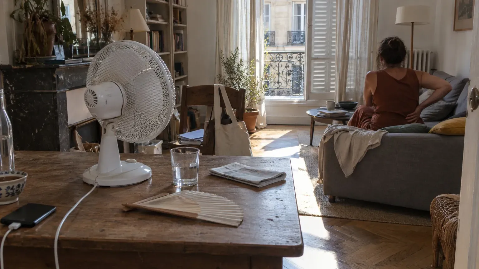 Ventilateur bon marché sur une table de salon parisien, verre d'eau à moitié vide et rideaux tirés contre la chaleur