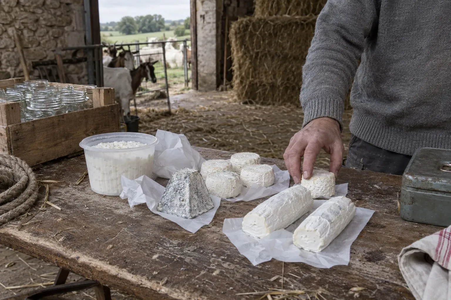 Crottins, pyramides et bûches de chèvre sans étiquette sur une table de ferme, mains d'adulte en pull