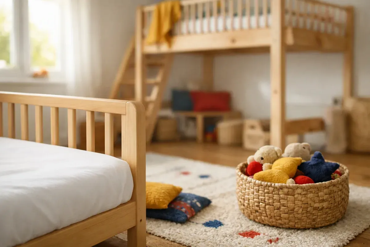Cinq espaces de couchage pour enfant côte à côte : berceau, lit à barreaux, matelas au sol, lit évolutif et cabane en bois.