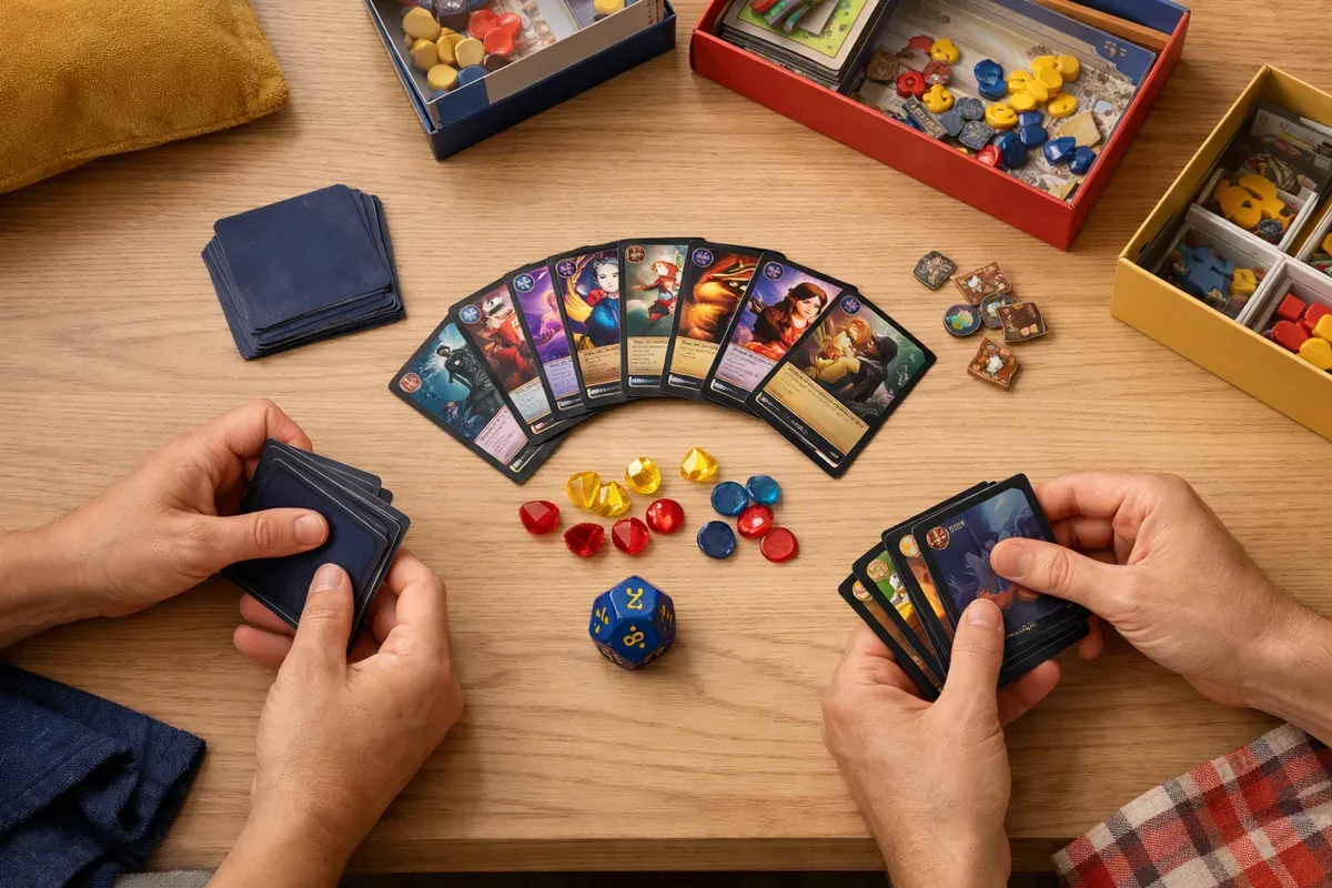 Boîtes de jeux de société, cartes à collectionner et dé posés sur une table en bois de salon familial.