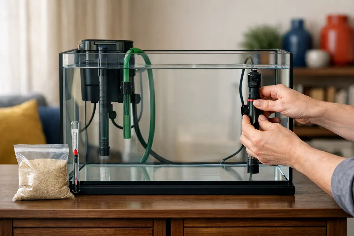 Aquarium vide en cours d'installation sur un meuble, filtre et thermomètre visibles, mains d'adulte réglant le matériel
