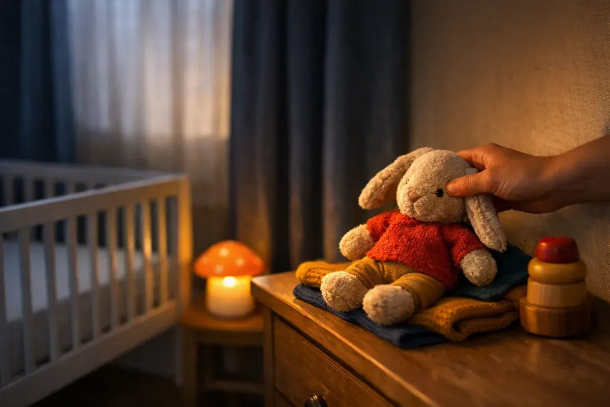 Lit à barreaux vide avec drap ajusté et veilleuse tamisée dans une chambre d'enfant calme le soir