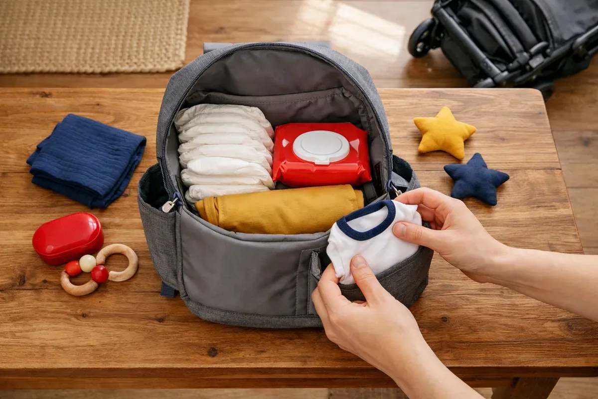 Sac à dos ouvert sur une table avec couches, lingettes et tapis à langer pliable, mains d'adulte rangeant les affaires