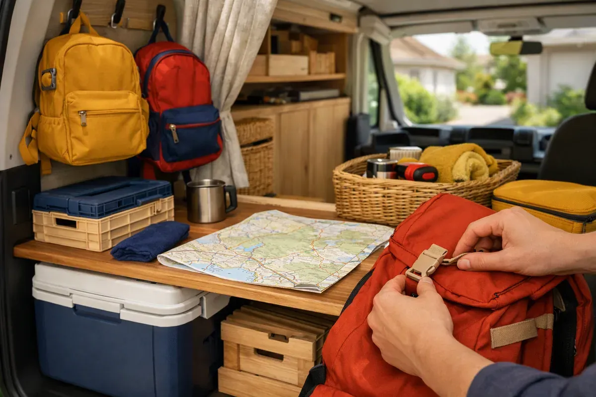Coffre de camping-car ouvert avec caisses de rangement, gourdes et couvertures pliées avant un départ en famille