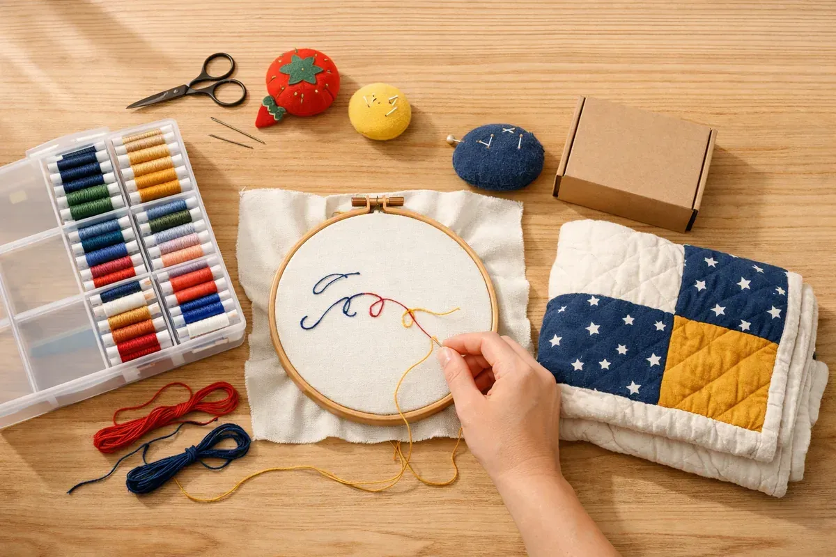 Kit de broderie ouvert avec fil coloré, aiguille et tissu brodé au prénom posé sur un plaid pour bébé