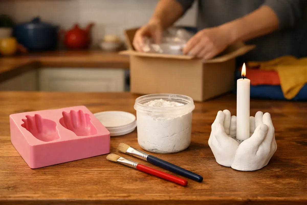 Kit de moulage, moule en silicone, pinceaux et bougeoir fini posés sur une table en bois
