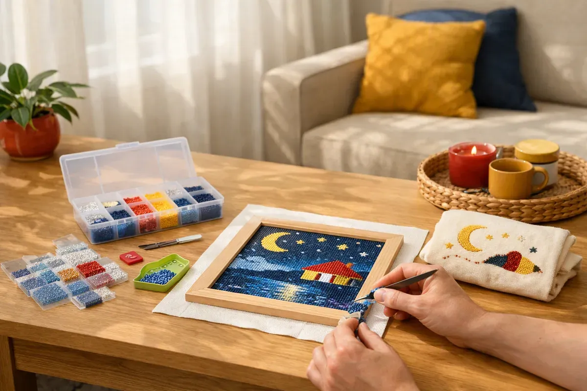 Table en bois avec kit créatif ouvert, prénom sur une couverture brodée et cadre décoratif posés côte à côte