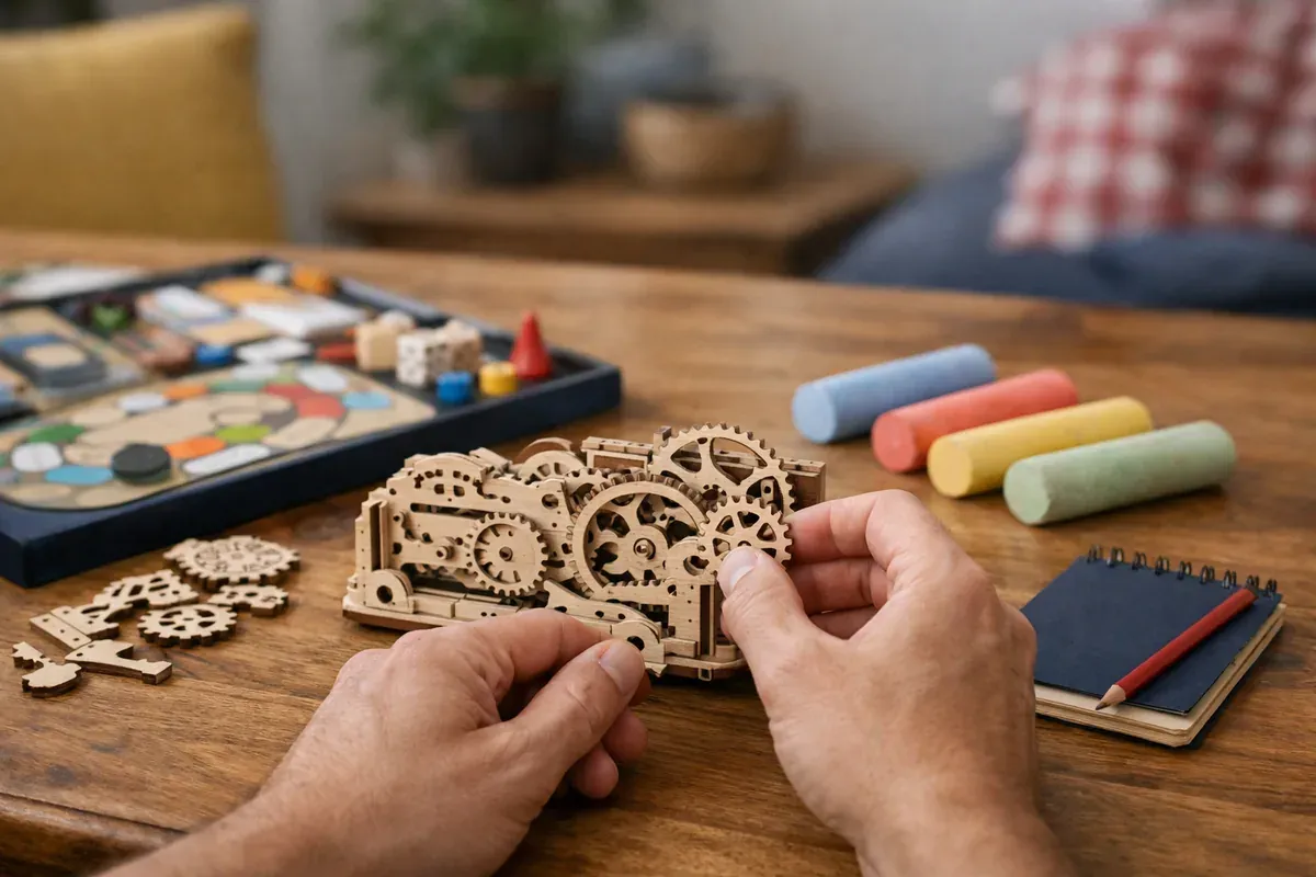 Puzzle mécanique en bois partiellement assemblé sur une table, avec engrenages visibles et mains d'adulte tenant une pièce.