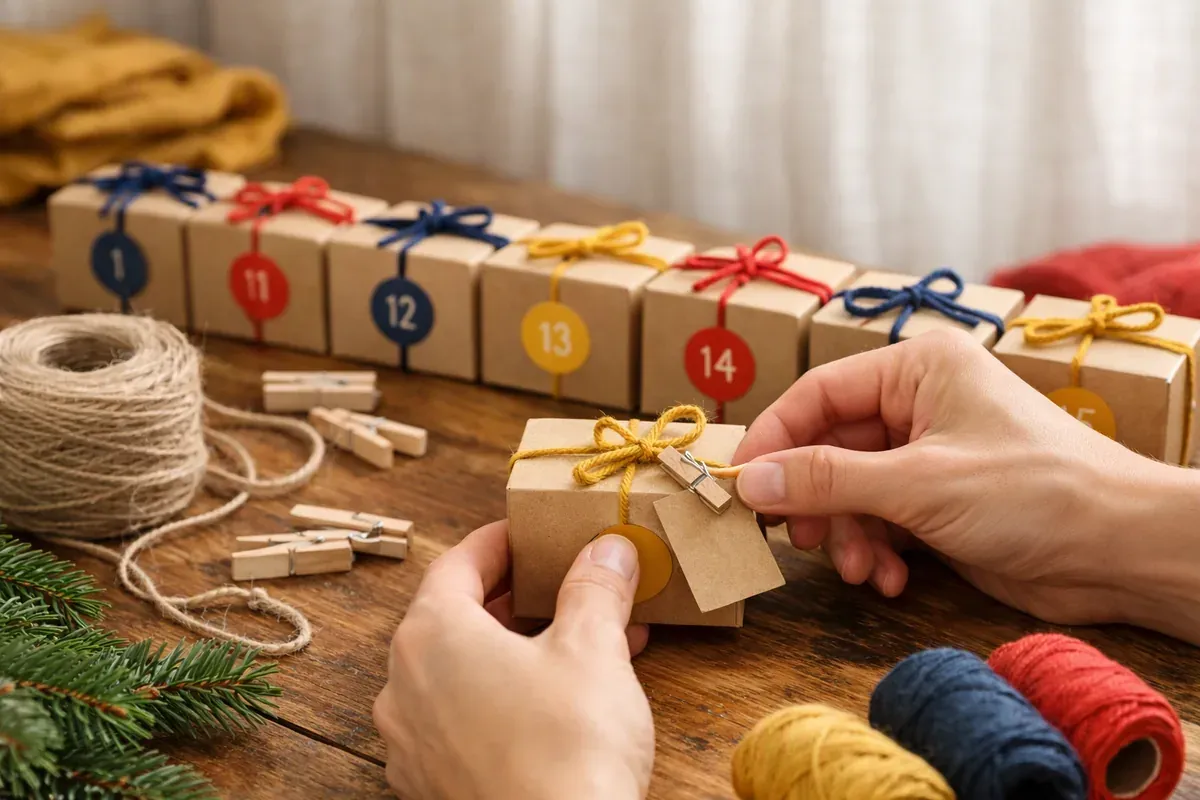 Calendrier de l'Avent fait main sur un buffet en bois : petites boîtes en carton kraft numérotées et ruban.