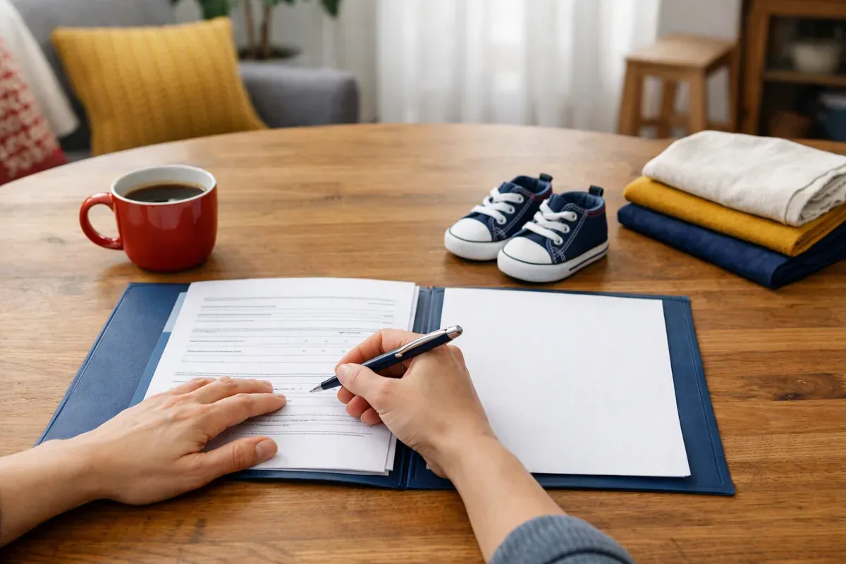 Table avec dossier d'inscription en crèche, stylo, doudou et petites chaussures d'enfant posés côte à côte