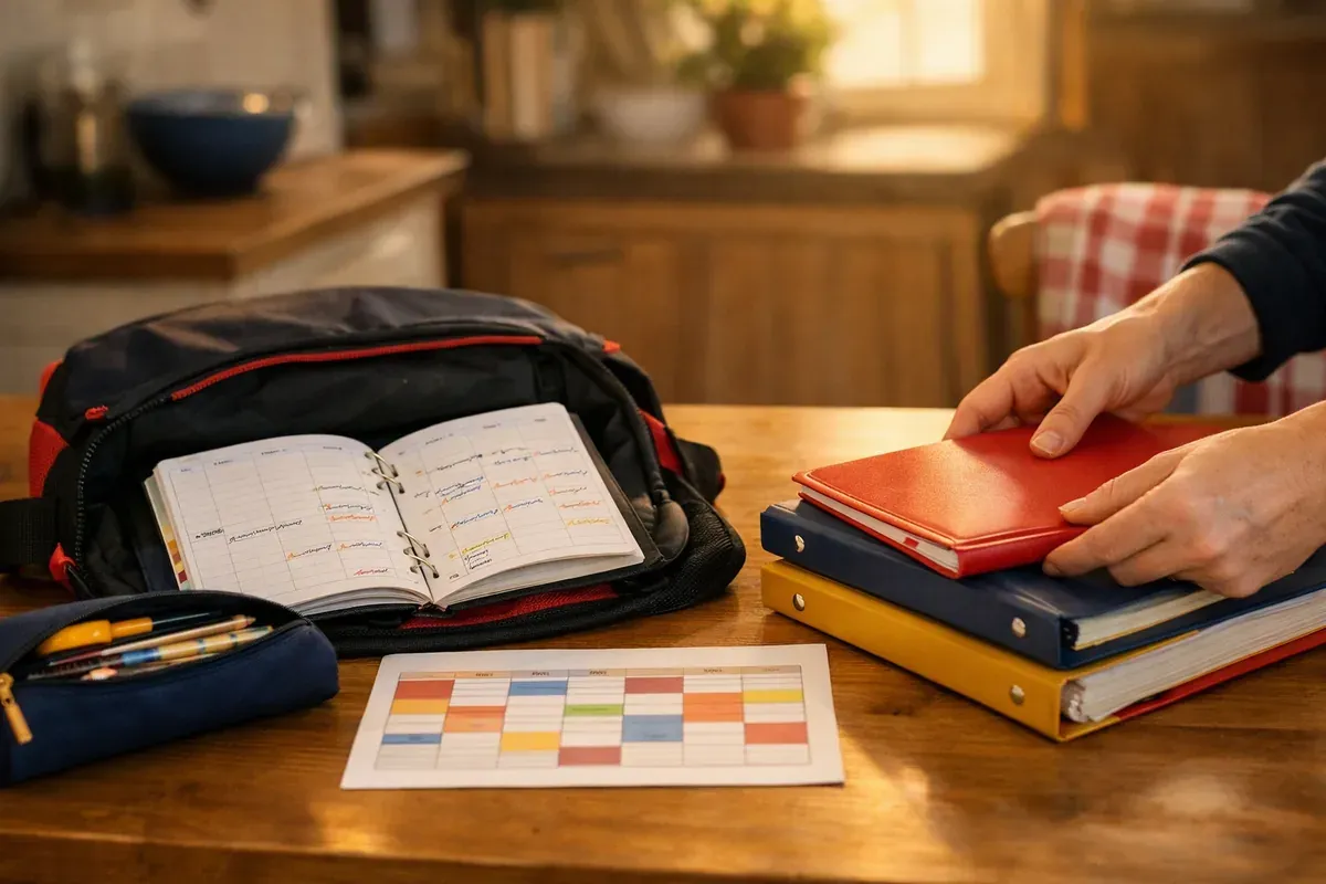 Cartable ouvert sur une table avec agenda, trousse et emploi du temps de collège posés à côté, mains d'un adulte qui range un classeur