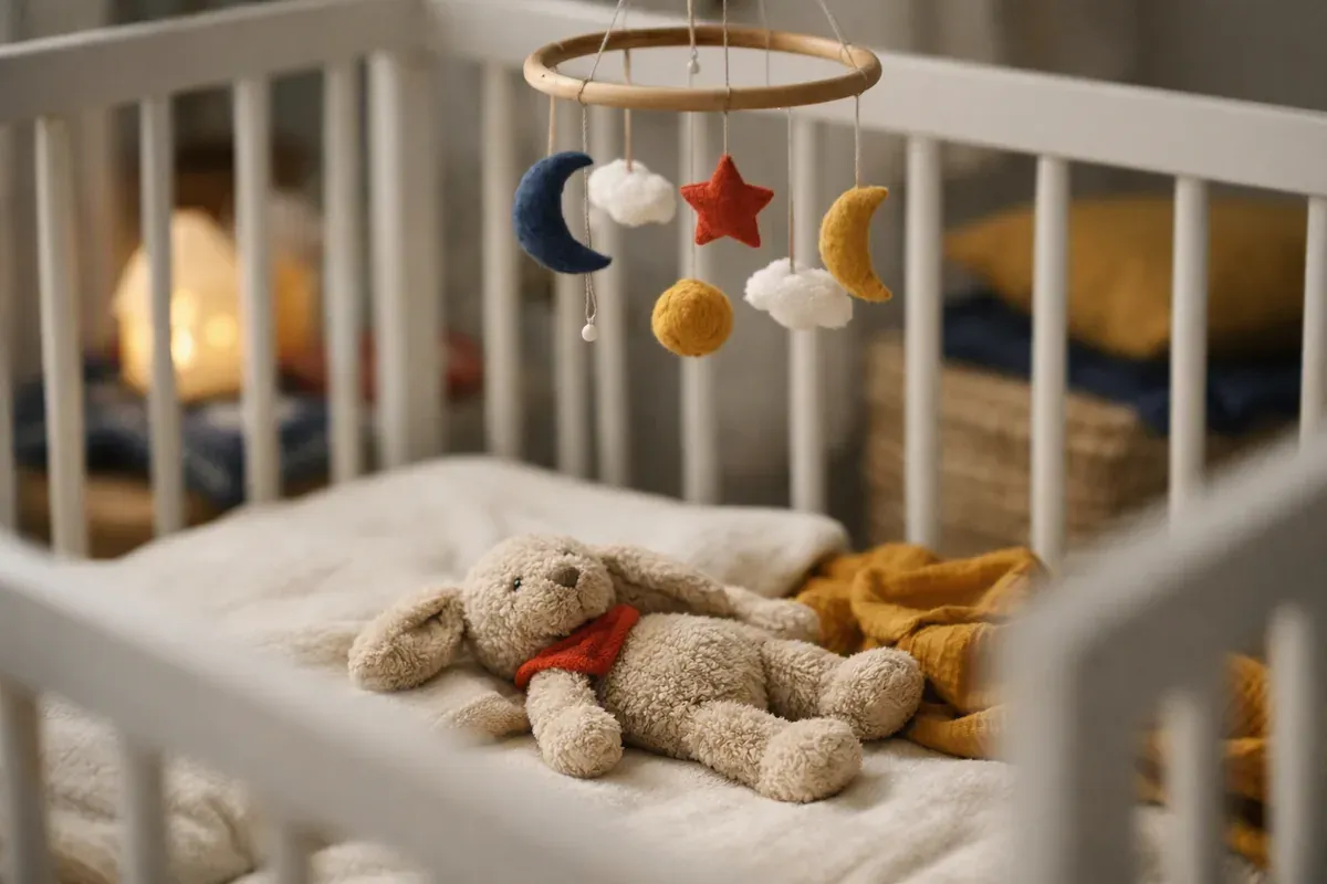 Lit de bébé avec veilleuse douce, doudou et mobile suspendu dans une chambre calme le soir