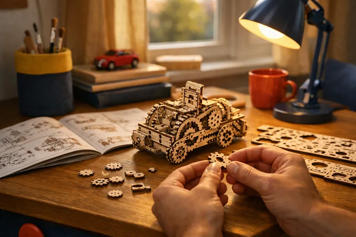 Puzzle mécanique en bois avec engrenages posé sur un bureau d'enfant rangé, à côté d'une notice de montage