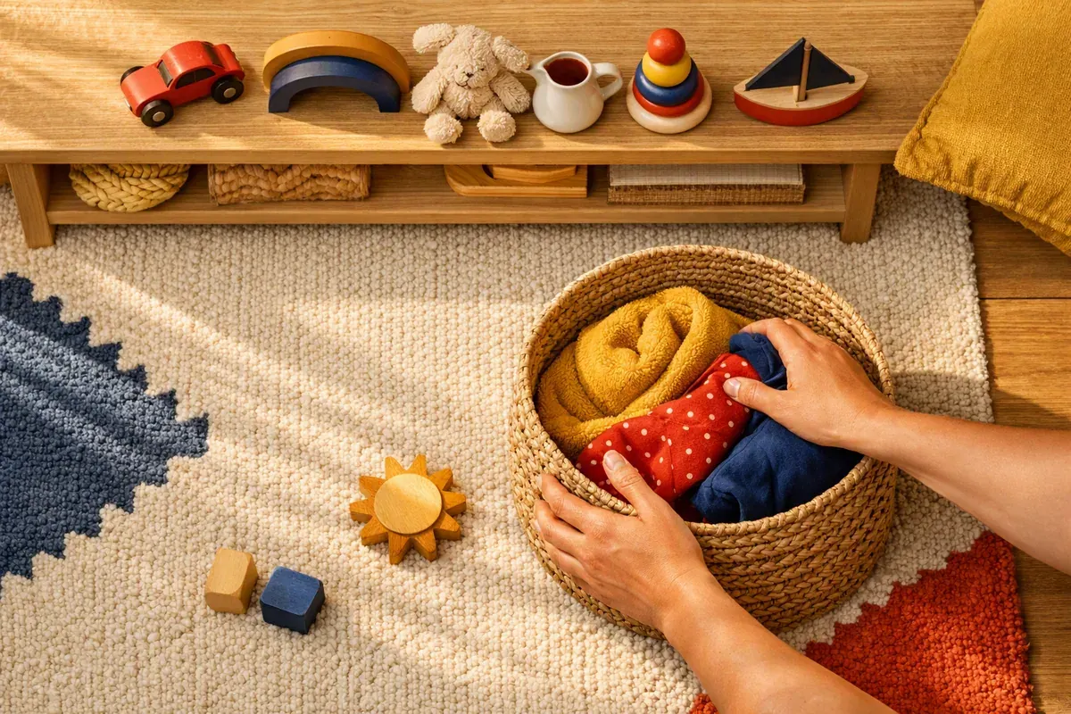 Étagère basse en bois avec panier de jouets, pichet et gobelet à hauteur d'enfant dans un salon familial
