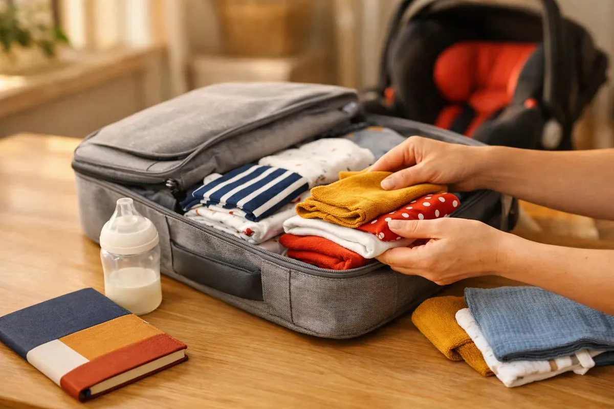 Sur une table en bois, valise de maternité ouverte avec bodies pliés, turbulette et carnet de maternité, mains d'adulte à côté.