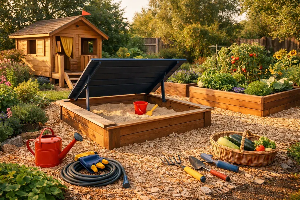 Aire de jeux de jardin avec bac à sable en bois, cabane et petit potager surélevé sur sol de copeaux