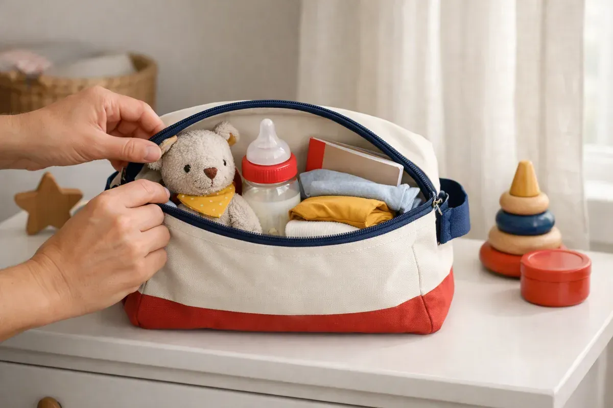 Sac de crèche préparé sur une commode avec doudou, biberon, cahier de liaison et vêtements de rechange pliés