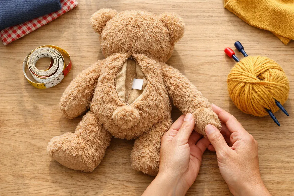 Ours en peluche posé sur une table en bois, coutures et étiquette visibles, mains d'adulte vérifiant le rembourrage