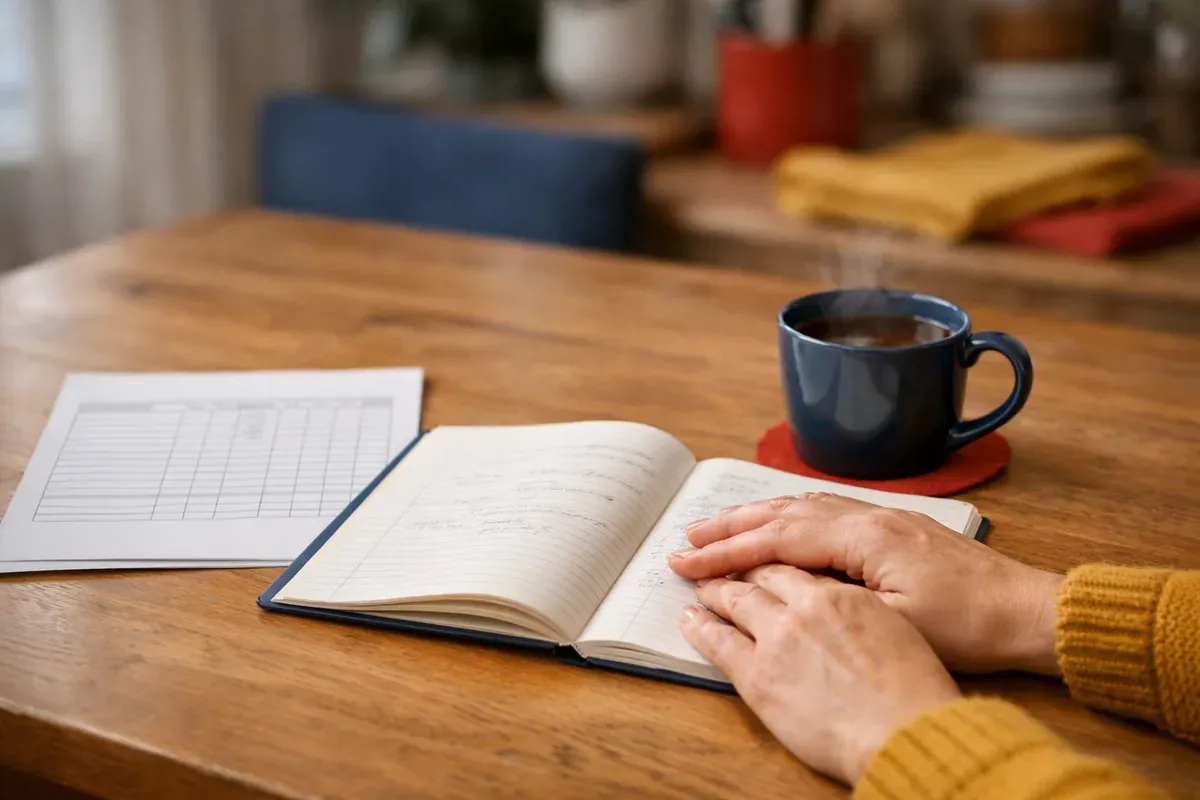 Bulletin scolaire et cahier ouverts sur une table de cuisine, tasse de thé et mains d'un adulte posées à côté