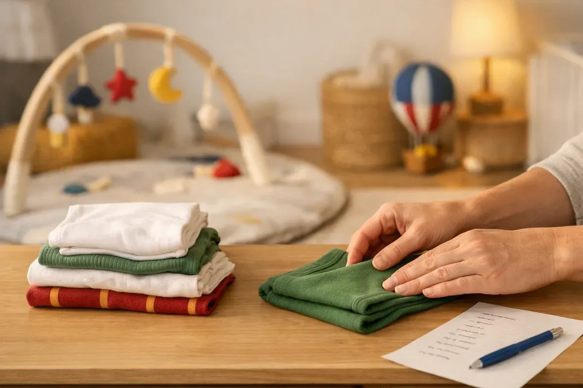 Chambre de bébé aux couleurs neutres avec commode en bois, tapis d'éveil et vêtements pliés blancs et verts