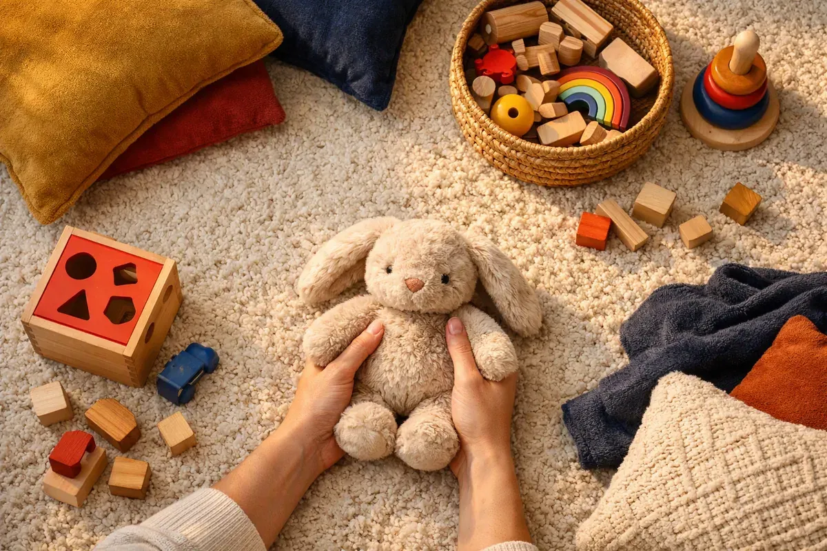 Coussin moelleux et jouets en bois rangés sur un tapis de salon, mains d'un adulte posées calmement à côté.