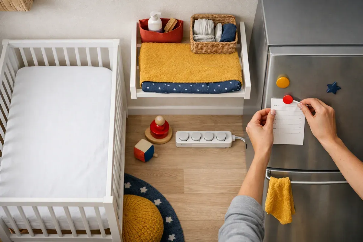 Chambre de bébé préparée : lit à barreaux vide, meuble à langer fixé au mur, cache-prises et liste de numéros utiles sur le frigo