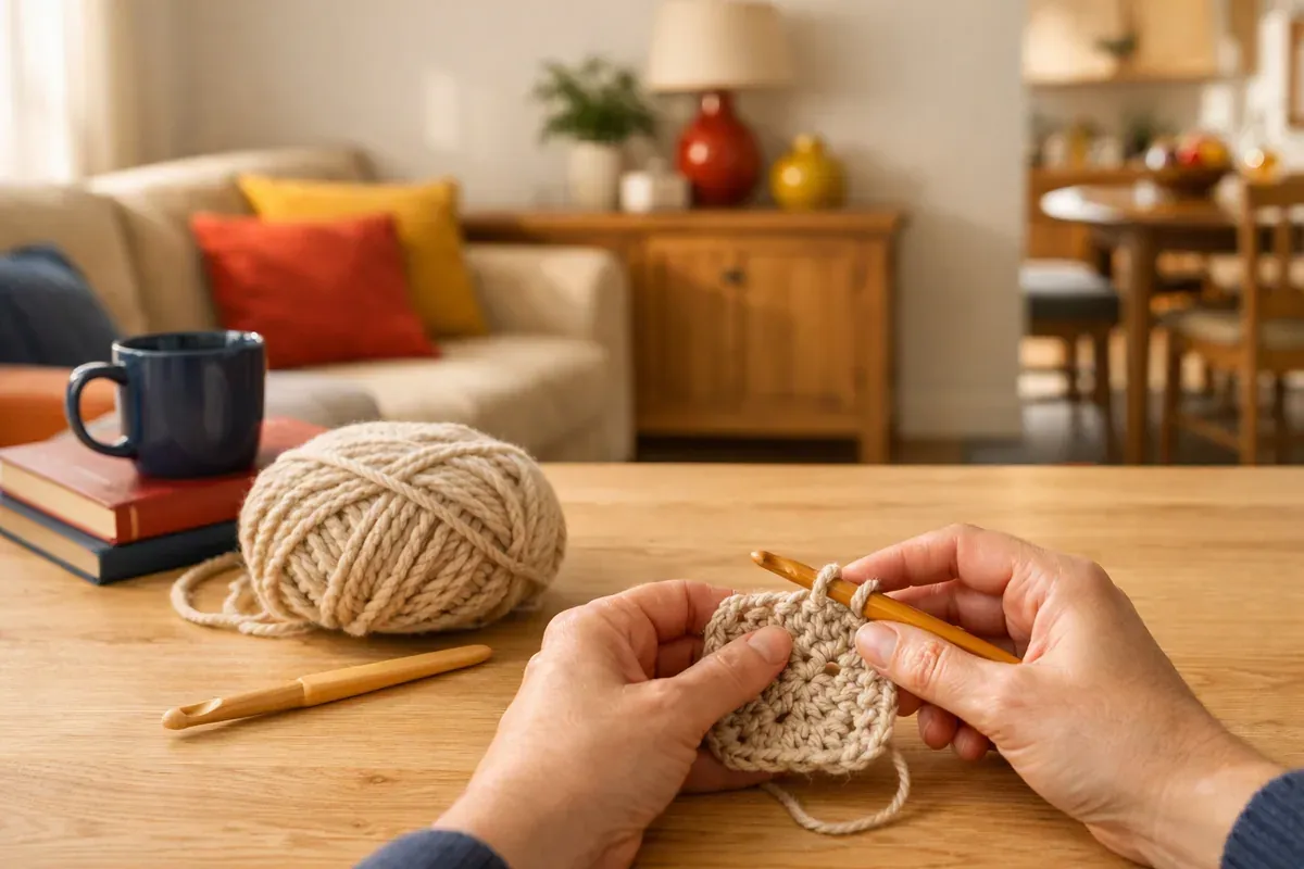 Crochet en bois, pelote de laine claire et petit carré tricoté posés sur une table en bois
