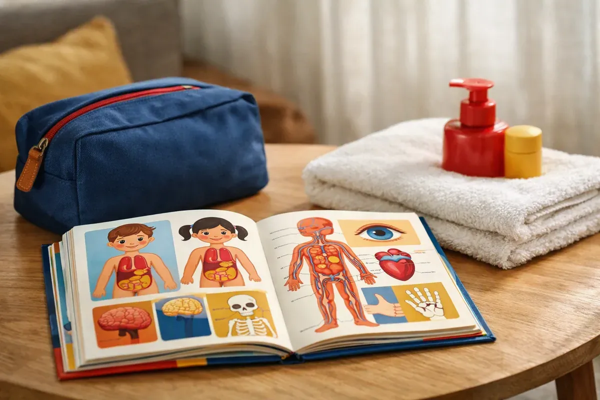Livre illustré ouvert sur le corps humain posé sur une table basse, à côté d'une trousse de toilette familiale
