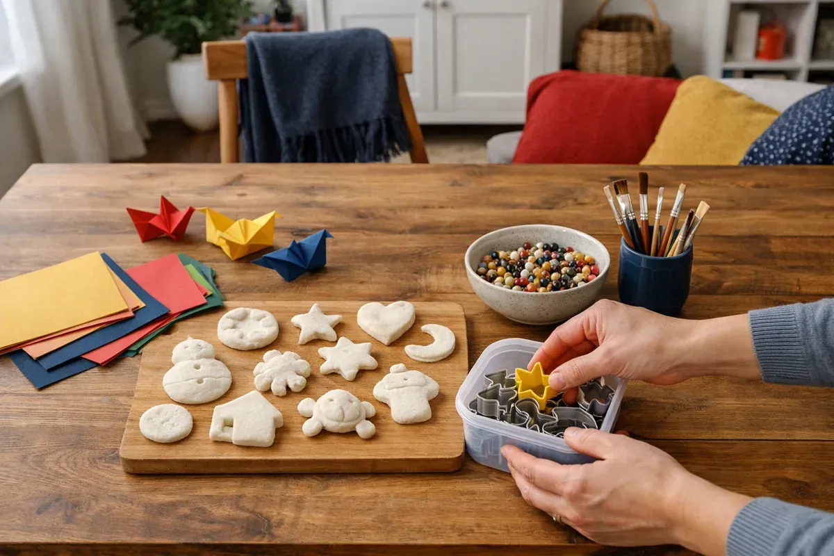 Pâte à sel, feuilles de papier pliées, perles colorées et pinceaux disposés sur une table en bois