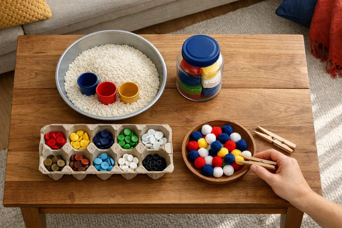 Bassine de transvasement, pâte à modeler, pinces à linge et pompons colorés sur une table basse de salon