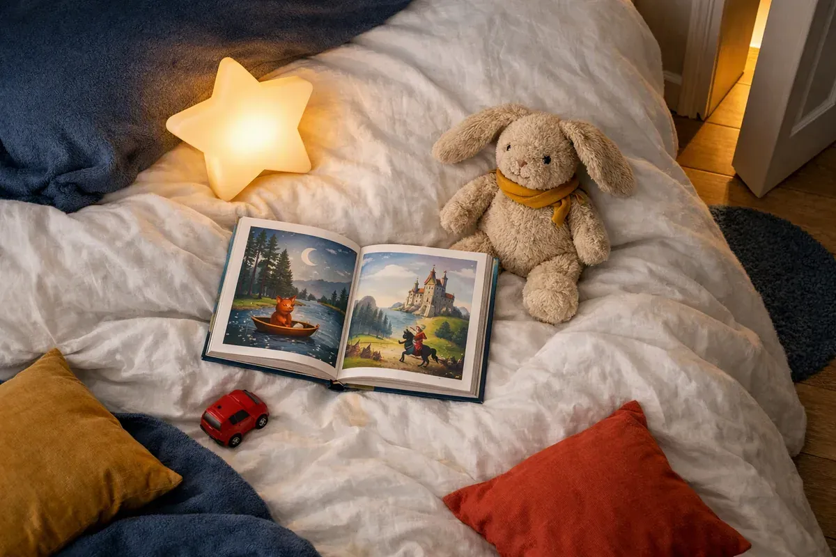 Veilleuse douce allumée sur une table de nuit d'enfant, à côté d'un livre illustré ouvert et d'une peluche.