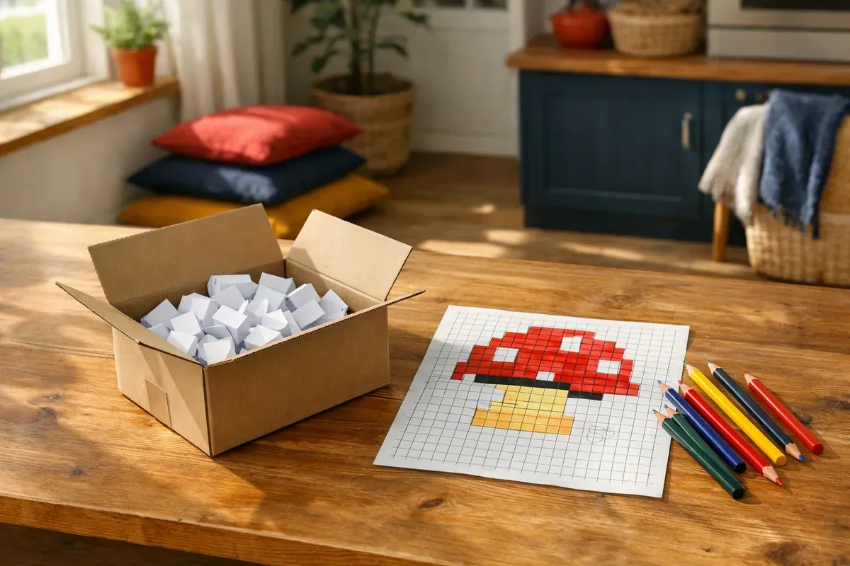 Boîte en carton avec petits papiers pliés, grille de pixel art et crayons de couleur sur une table en bois.