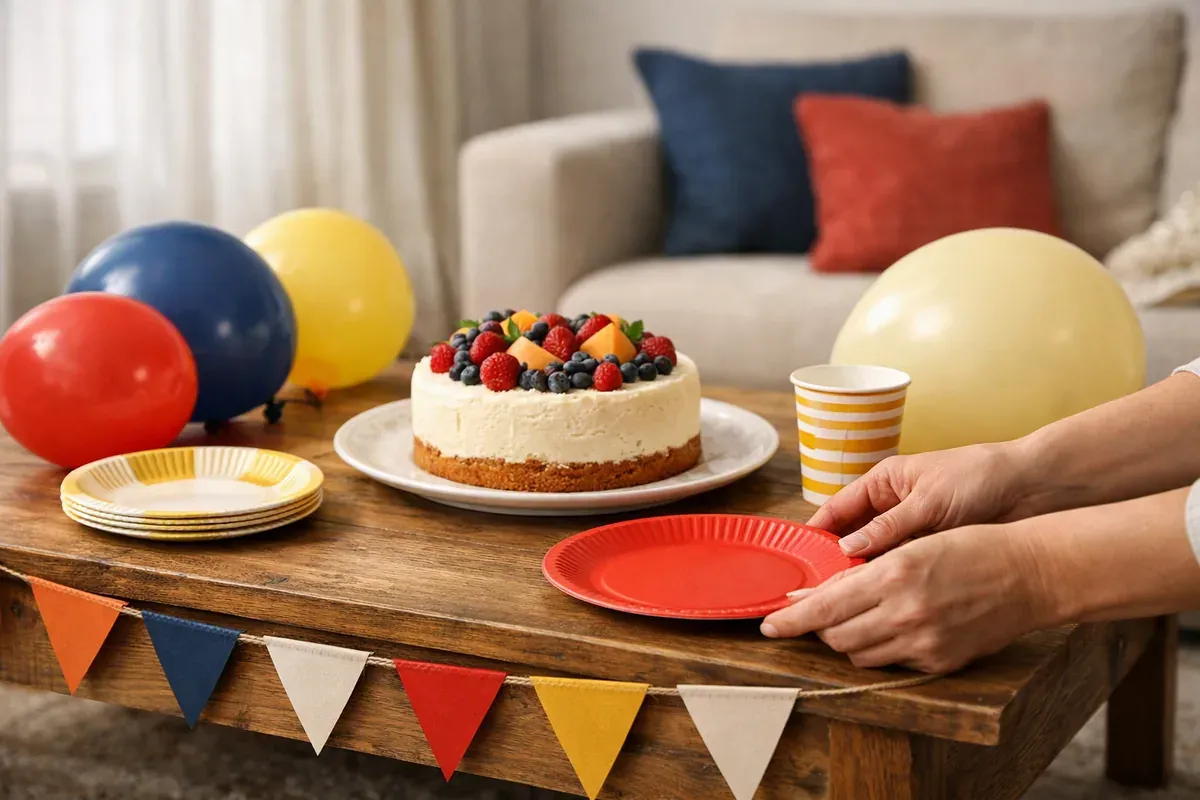 Table d'anniversaire avec guirlande en papier faite main, ballons colorés et petit gâteau, vue de dessus.