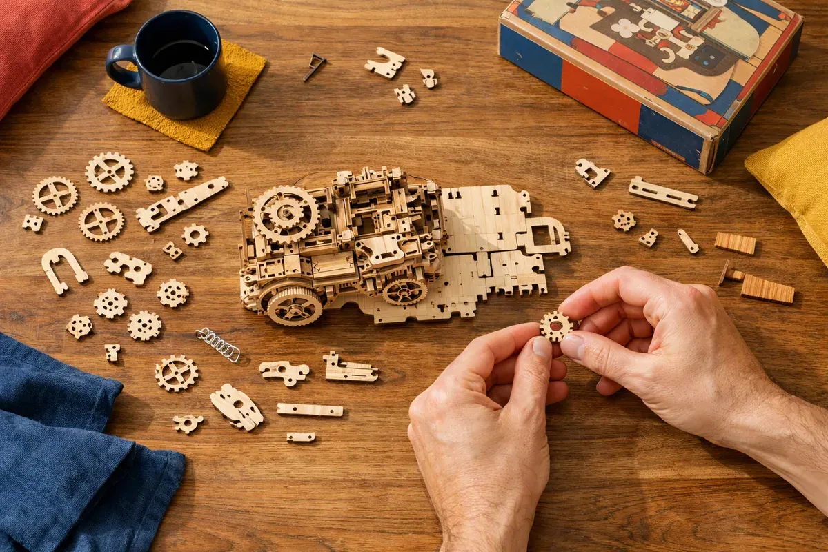 Puzzle mécanique en bois partiellement assemblé sur une table, entouré de pièces détachées et d'un jeu de société fermé
