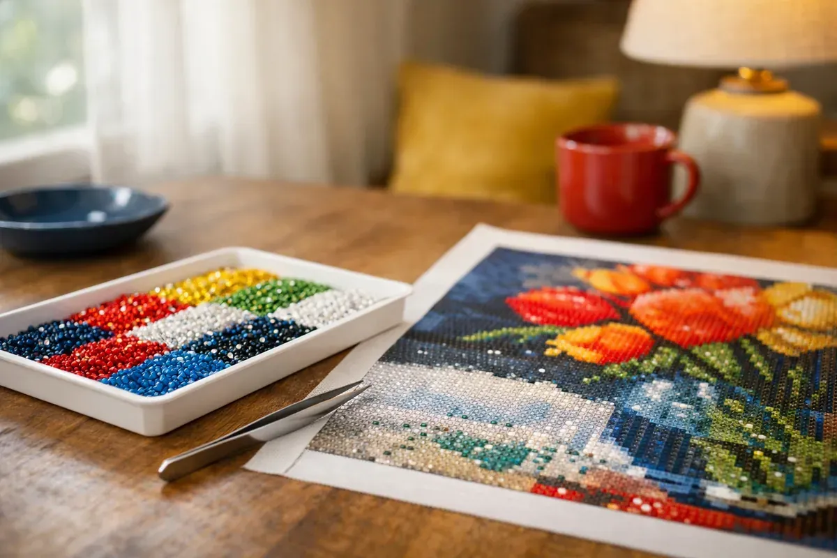 Plateau de diamond painting avec pince, strass colorés et toile en cours sur une table en bois