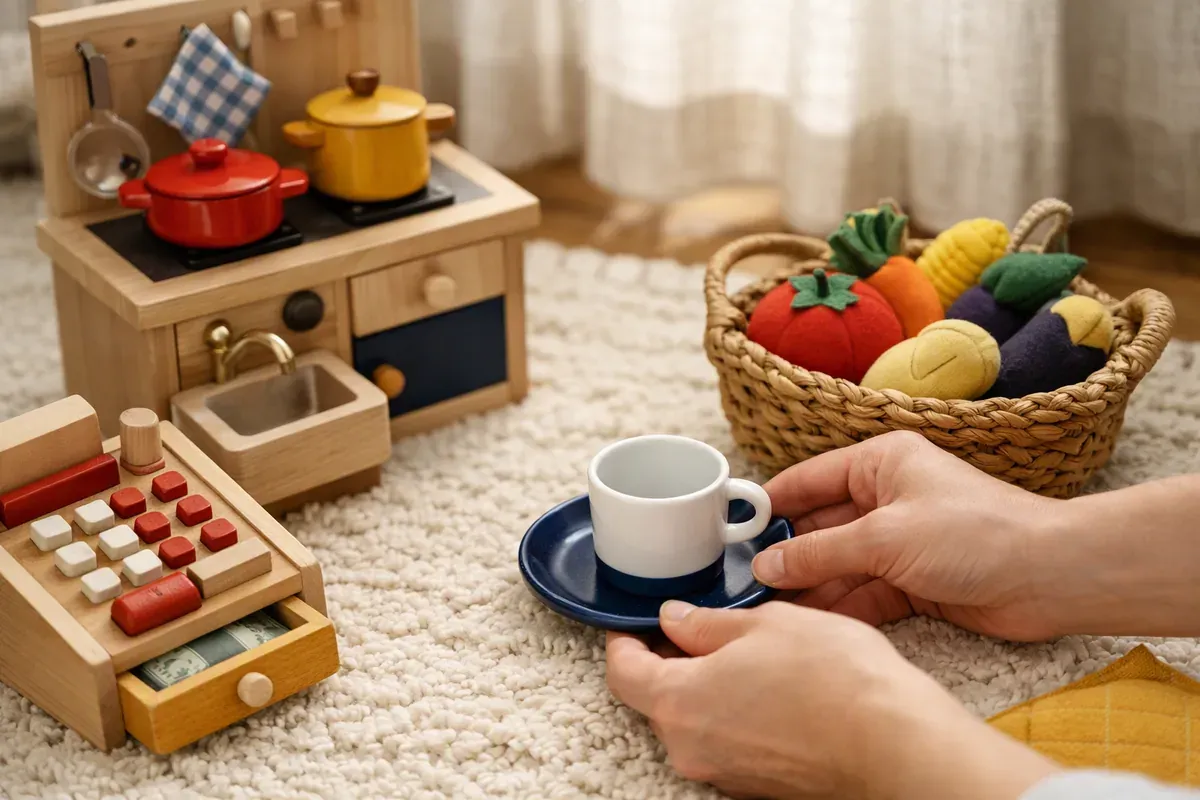 Cuisine en bois miniature avec légumes en tissu et petite caisse enregistreuse posées sur un tapis de salon