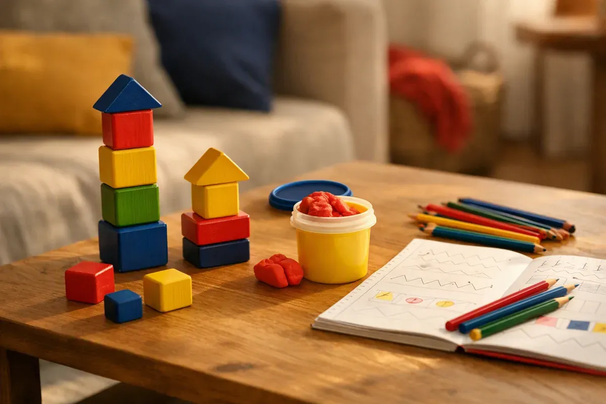 Coin jeux de maternelle avec cubes de construction, pâte à modeler et cahier de graphisme sur une table basse