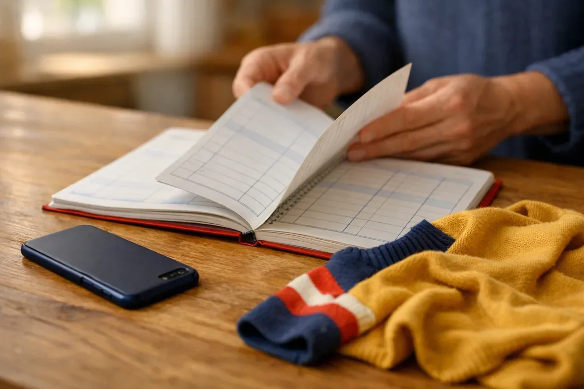 Cahier d'écolier, téléphone et pull froissé posés sur une table de cuisine, mains d'un adulte à proximité