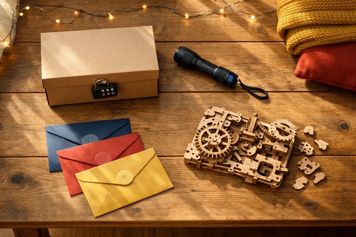 Table de fête d'anniversaire dressée avec cadenas d'escape game, boîte cadeau et pièces d'un puzzle 3D en bois