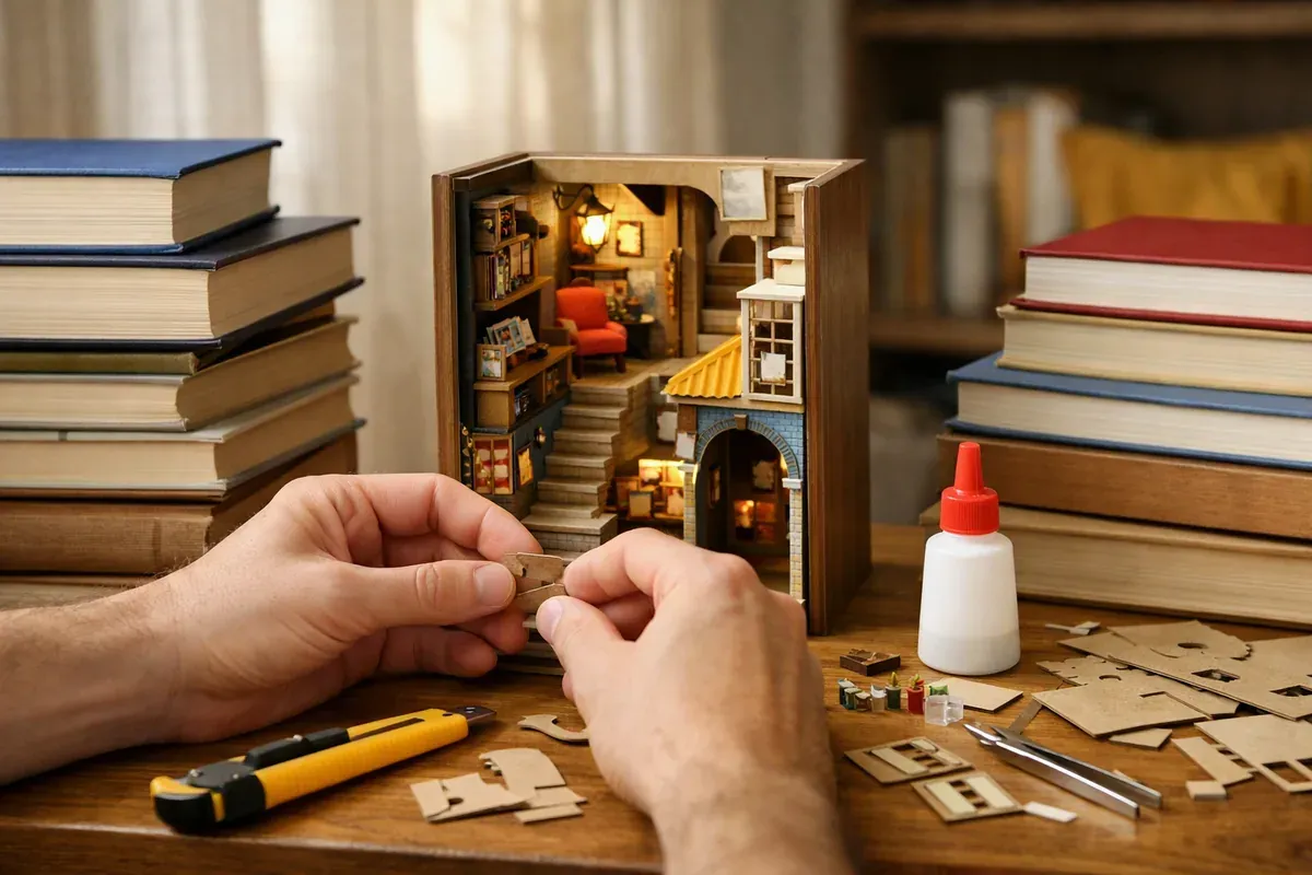 Kit de book nook en cours de montage sur une étagère, entre deux livres, avec outils de découpe et colle