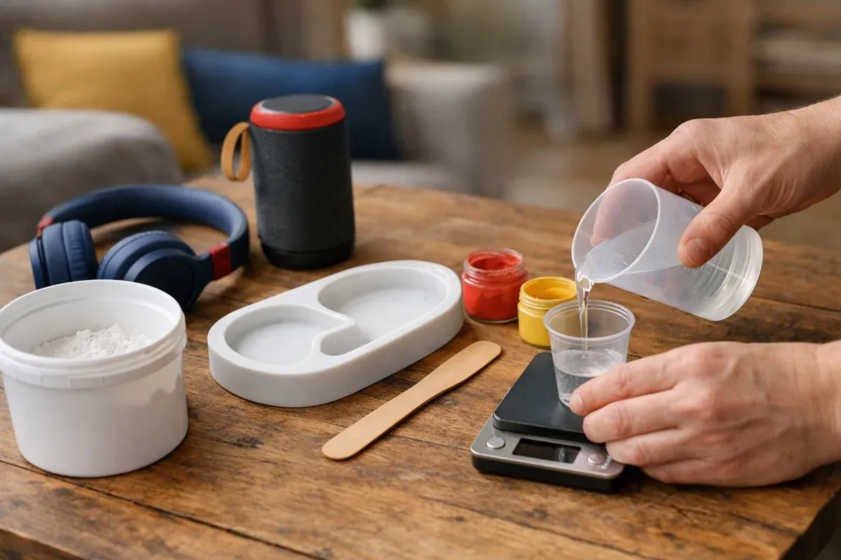 Kit de moulage Jesmonite ouvert sur une table avec moule, pigments colorés et casque audio à côté