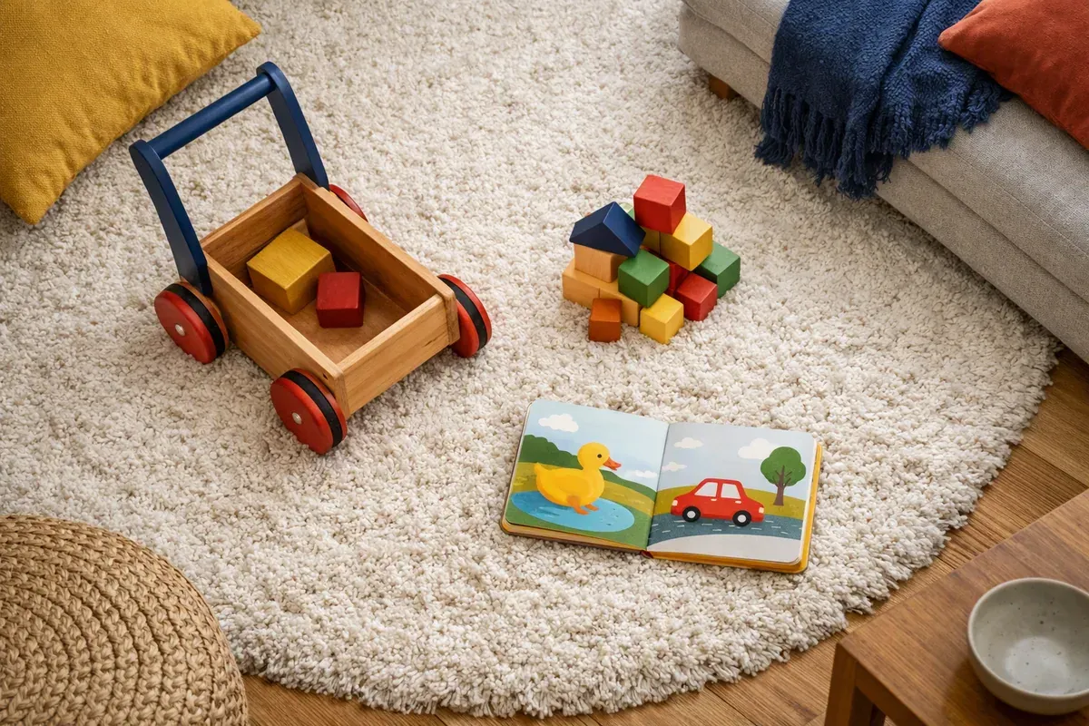 Chariot à pousser en bois, cubes empilables et livre cartonné posés sur un tapis de salon