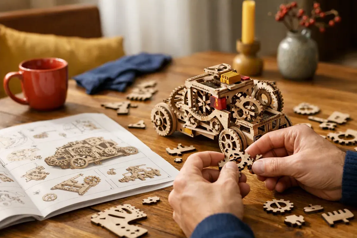Puzzle 3D mécanique en bois partiellement assemblé sur une table, avec plan de montage et mains d'adulte tenant une pièce